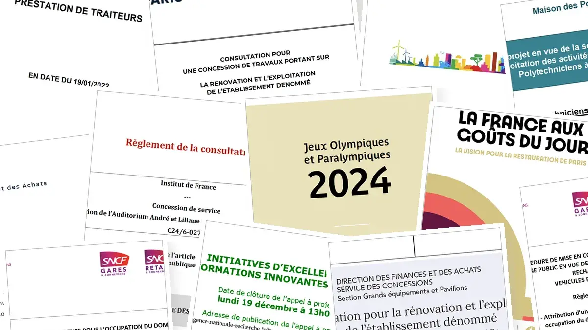 Couvertures de dossiers d'appels d'offres traités par Spiraltis : JO Paris 2024, Ville de Paris, SNCF Gares & Connexions, Institut de France