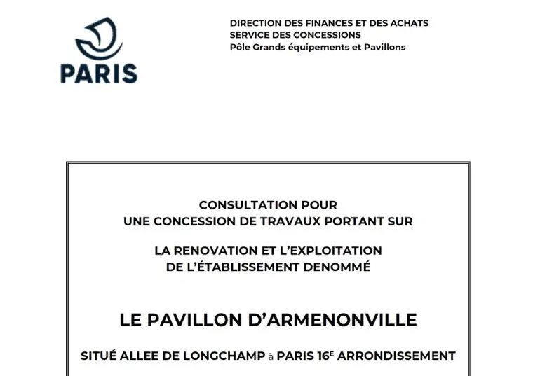 Ville de Paris — consultation pour la rénovation et l'exploitation du Pavillon d'Armenonville